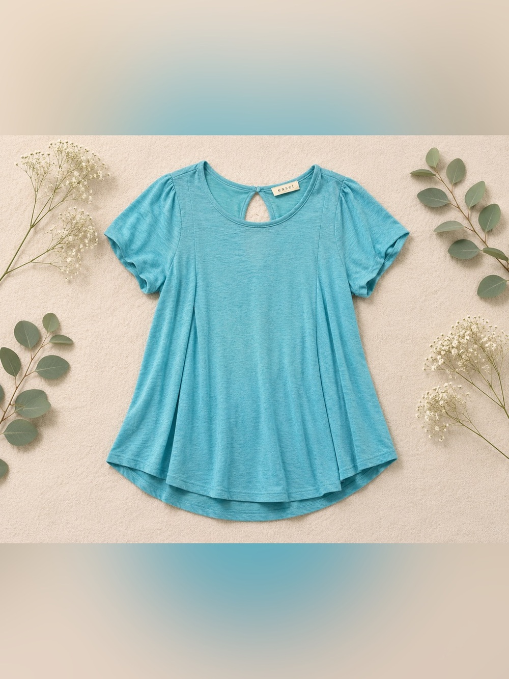 Easel Aqua Blue Flowy Tunic Blouse | Raw Hem Top